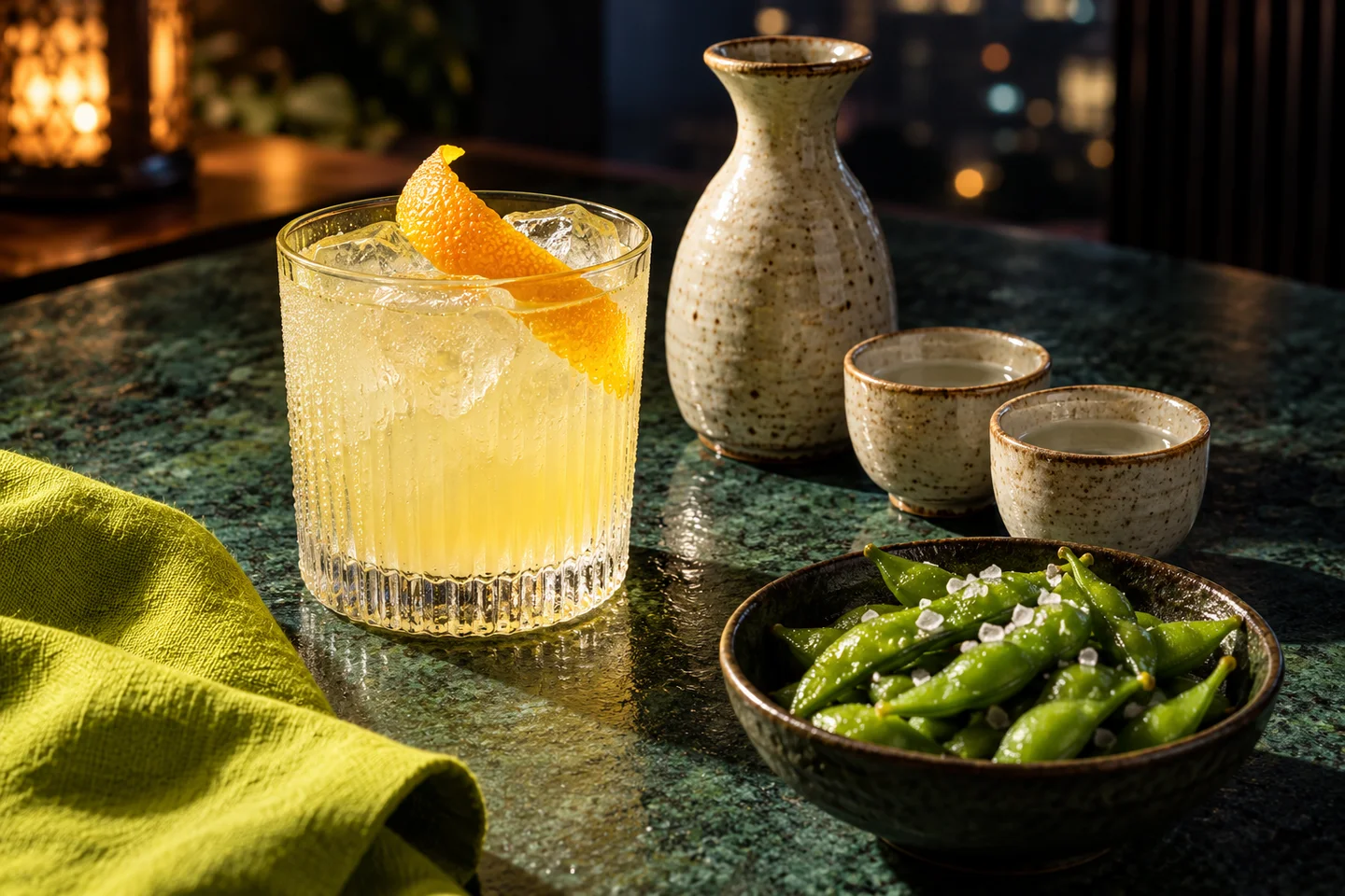 Illustratief stilleven met cocktail, sakekaraf en edamame